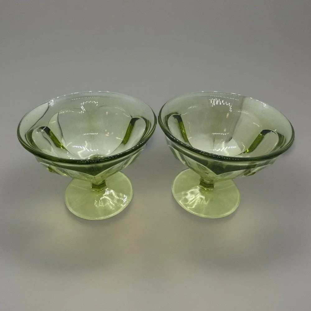 Vintage Pair Green Depression Cup Sherbet Glass Dish Hex Footed Anchor Hocking